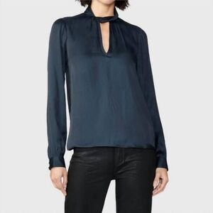 PAIGE Ceres Silky Satin Blouse Top Size XL Dark Navy Midnight Blue Long Sleeves